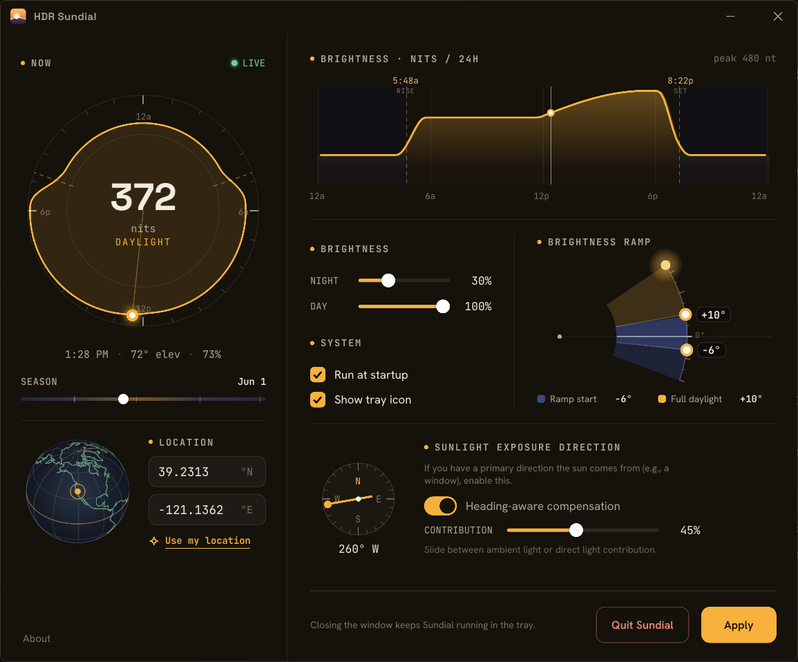 The HDR Sundial dashboard: a sun dial, a 24-hour brightness curve, a globe showing day and night, and brightness controls.
